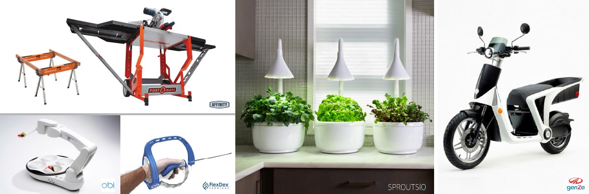 designed products: a workbench, plant pots with lights, and a scooter